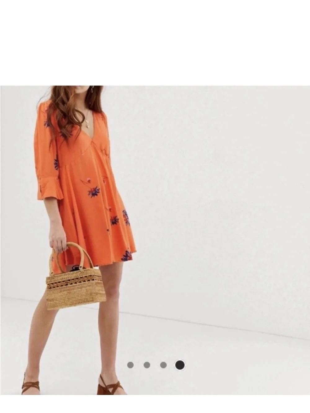New Free People Orange Floral Wrap Front Bell Sleeve Swing Dress XS